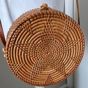 Lacquered Round Woven Tan Bag
